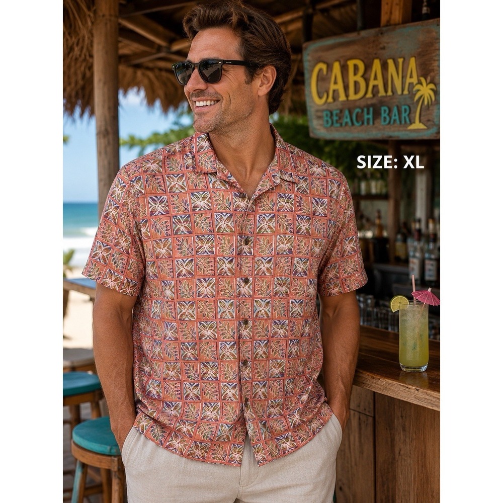 KONA KAI XL Orange Floral Short Sleeve Button Up Shirt -2823‎